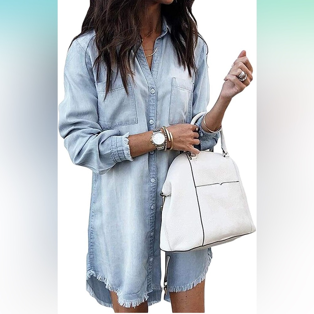 Zilcremo Women Denim Long Sleeve Distressed Jean Dress Button Down